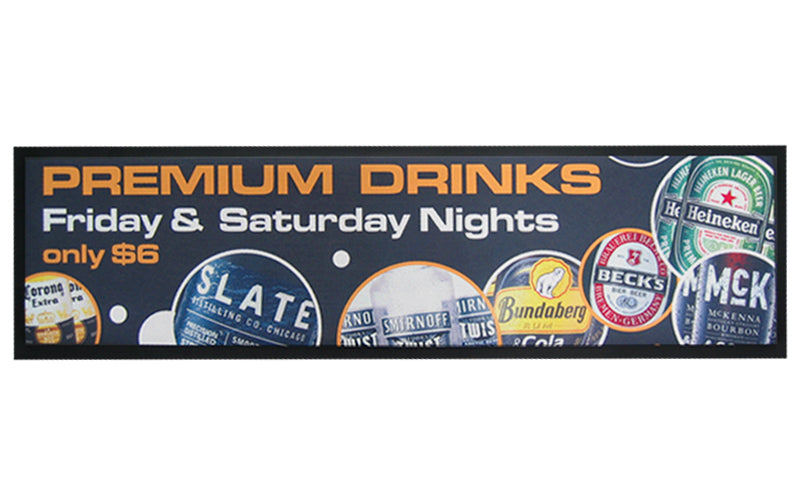 Full product image of a customised bar mat used to promote special deals for the night.
