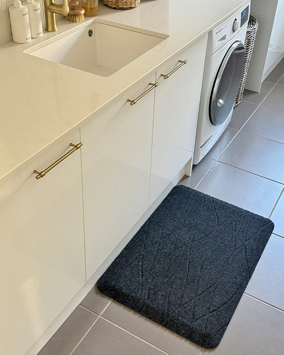 Insitu image of a tough comfort standing desk mat in home laundry used to relieve body aches from standing for long periods