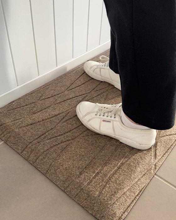 Insitu image of someone standing on the sand standing desk mat.