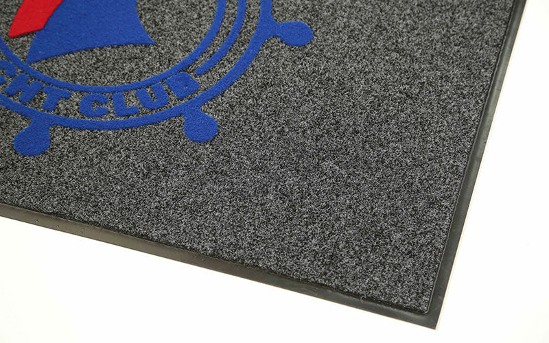 Corner product image of charcoal Dirtstopper Logo Mat with two colour print