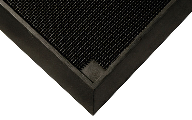 Corner product image of rubber, black Sanitising Foot Bath used to disinfect shoes