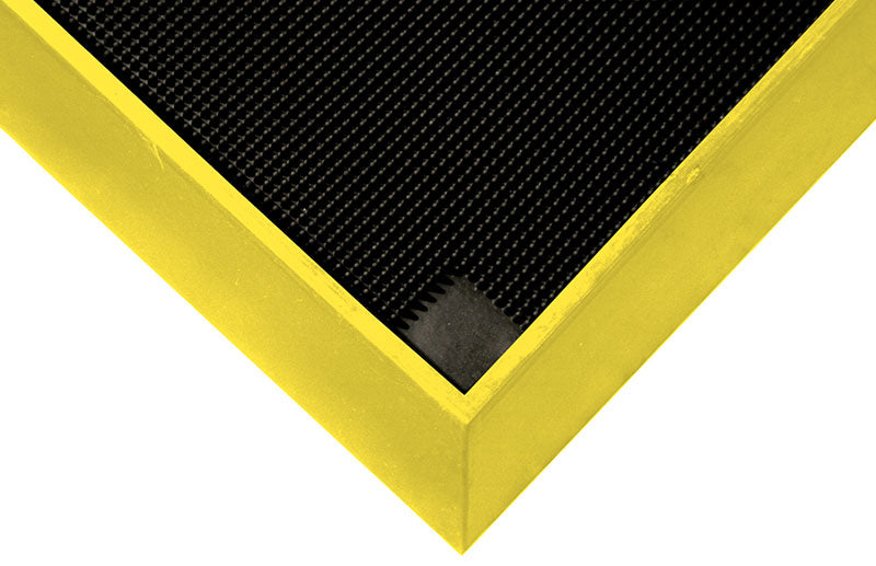 Corner product image of rubber, black and yellow Sanitising Foot Bath used to disinfect shoes