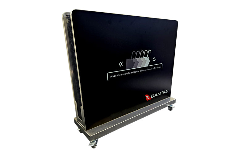 Umbrella Dryer with black pads with instructional facade and logo.
